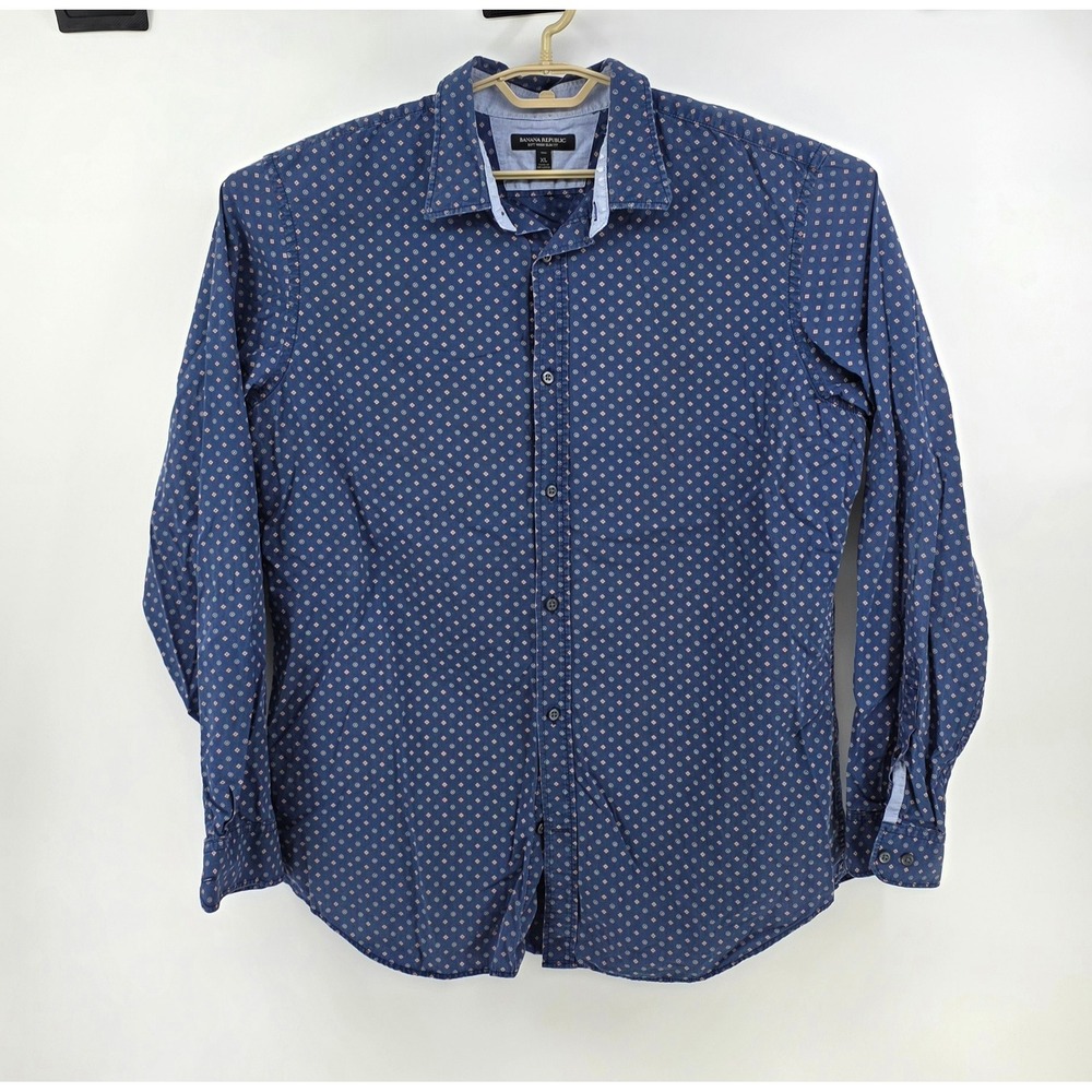 Banana Republic Mens XL Tall Shirt Blue Geometric Long Sleeve Soft Wash Slim Fit